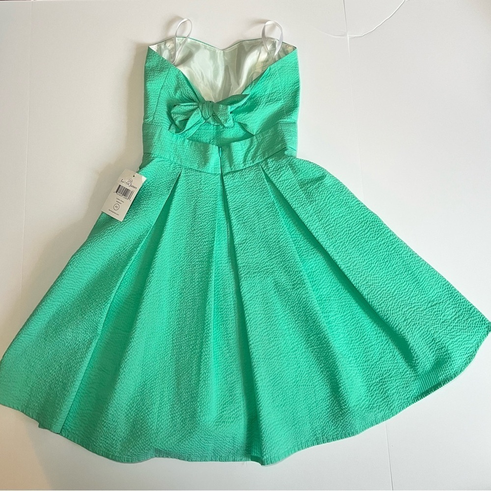 NWT Lauren James “The Corbin” strapless dress w bow back women’s XS Seersucker - Picture 2 of 8